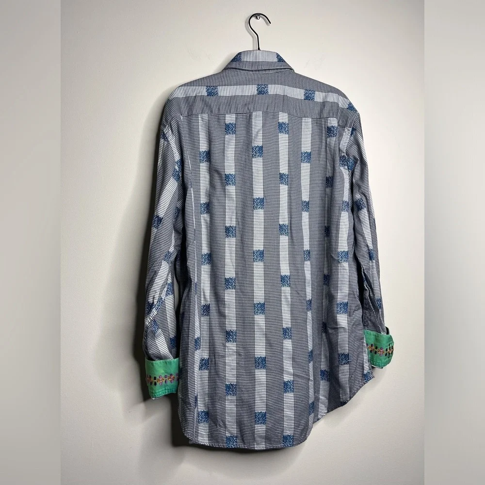 Robert Graham Houndstooth Stripe Embroidered Dress Shirt Large - Picture 10 of 15